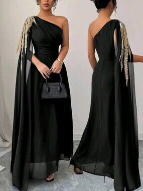 Elegant One-Shoulder Black Evening Gown with Gold Embellished Cape LARGE